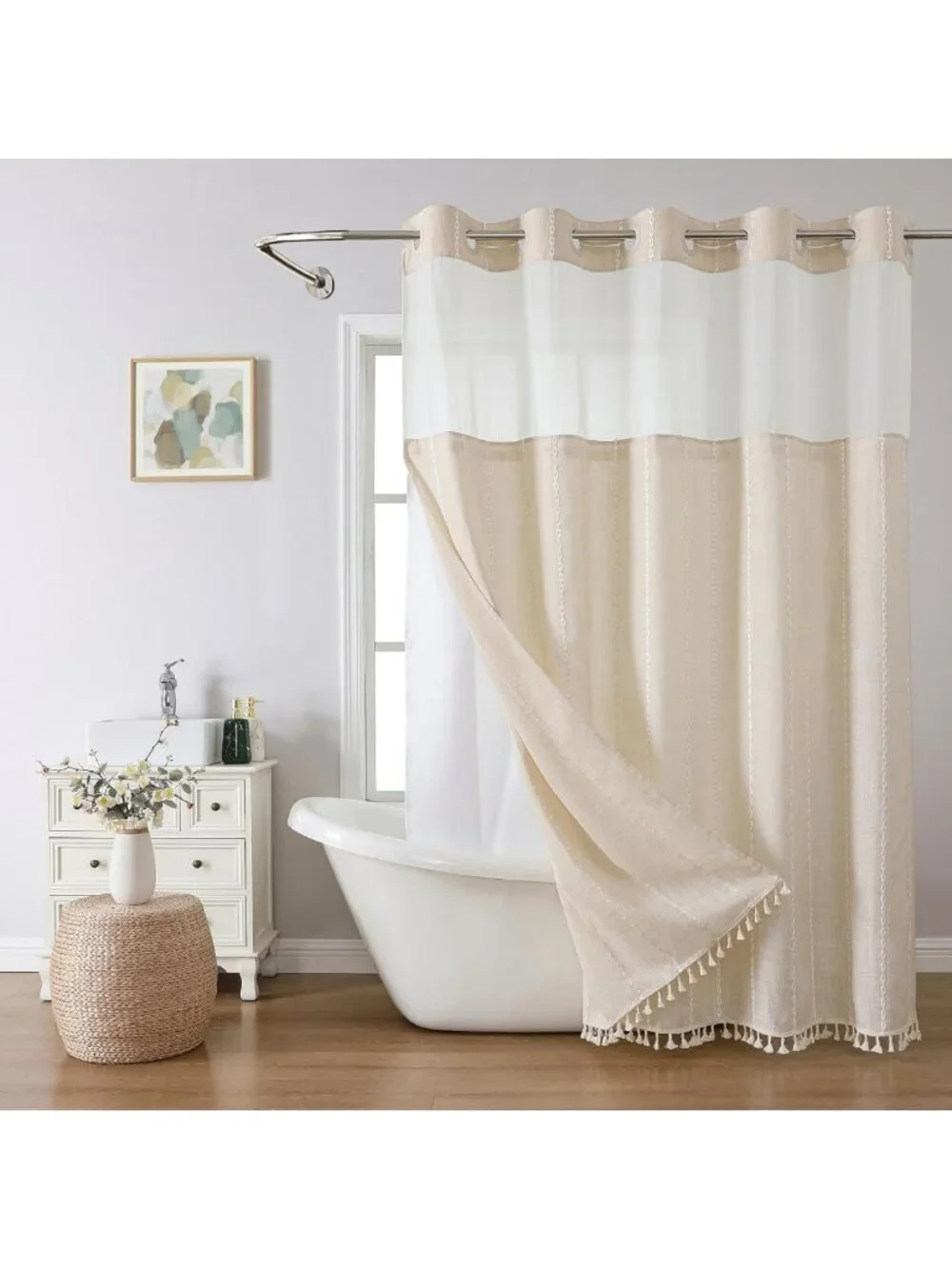 Boho Chic Extra Long Shower Curtain Set with Snap-in Liner, Water-Repellent